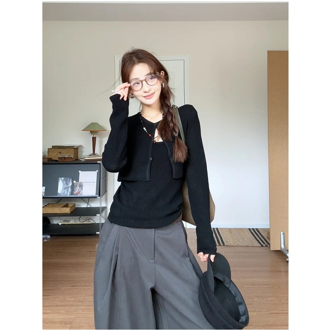 Women's Waffle-Knit Cardigan & Camisole Set, Fall Two-Piece Outfit
