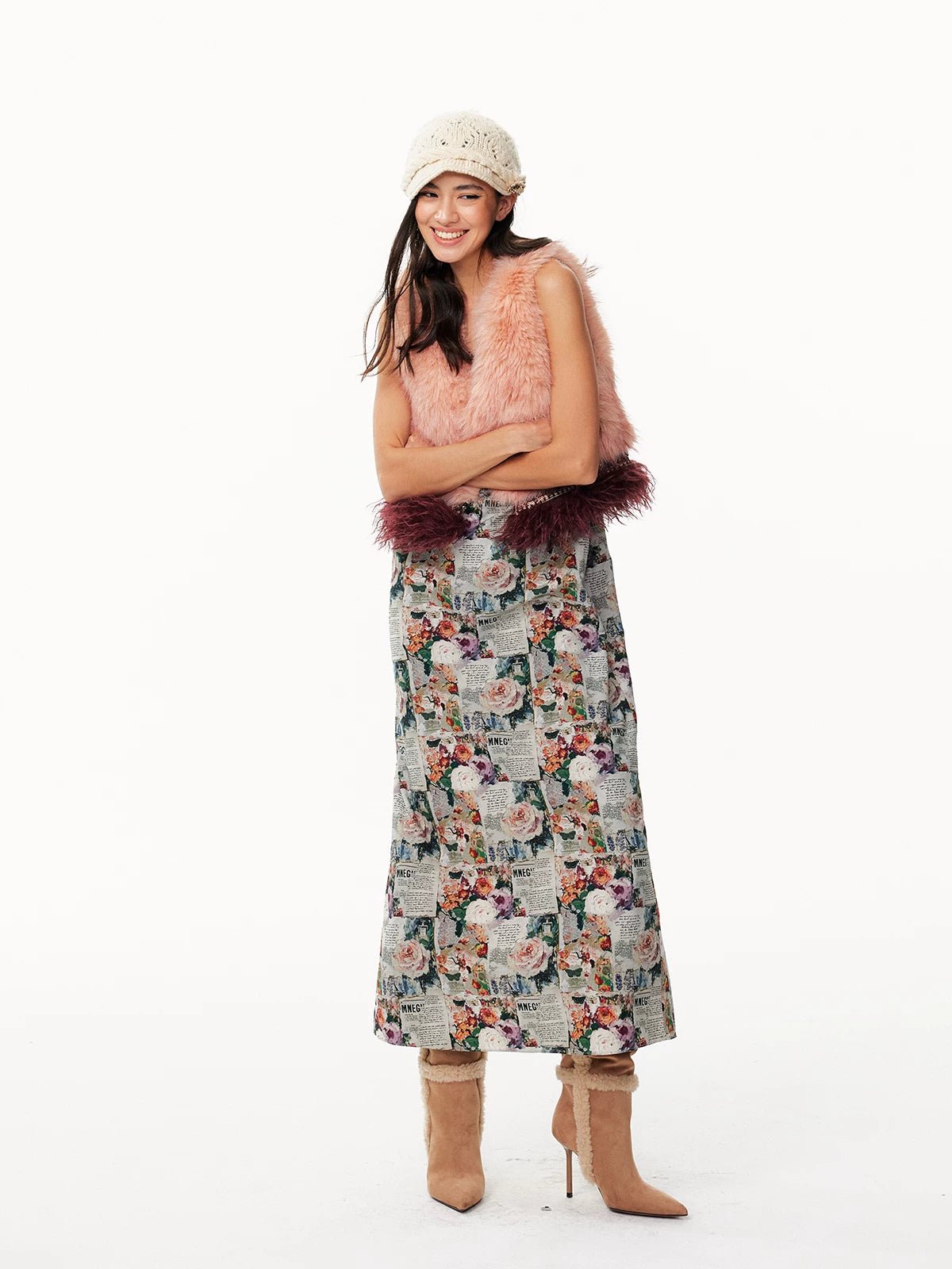 Vintage Newspaper & Floral Print Pearlescent Pink Spaghetti Strap Maxi Dress with Shawl