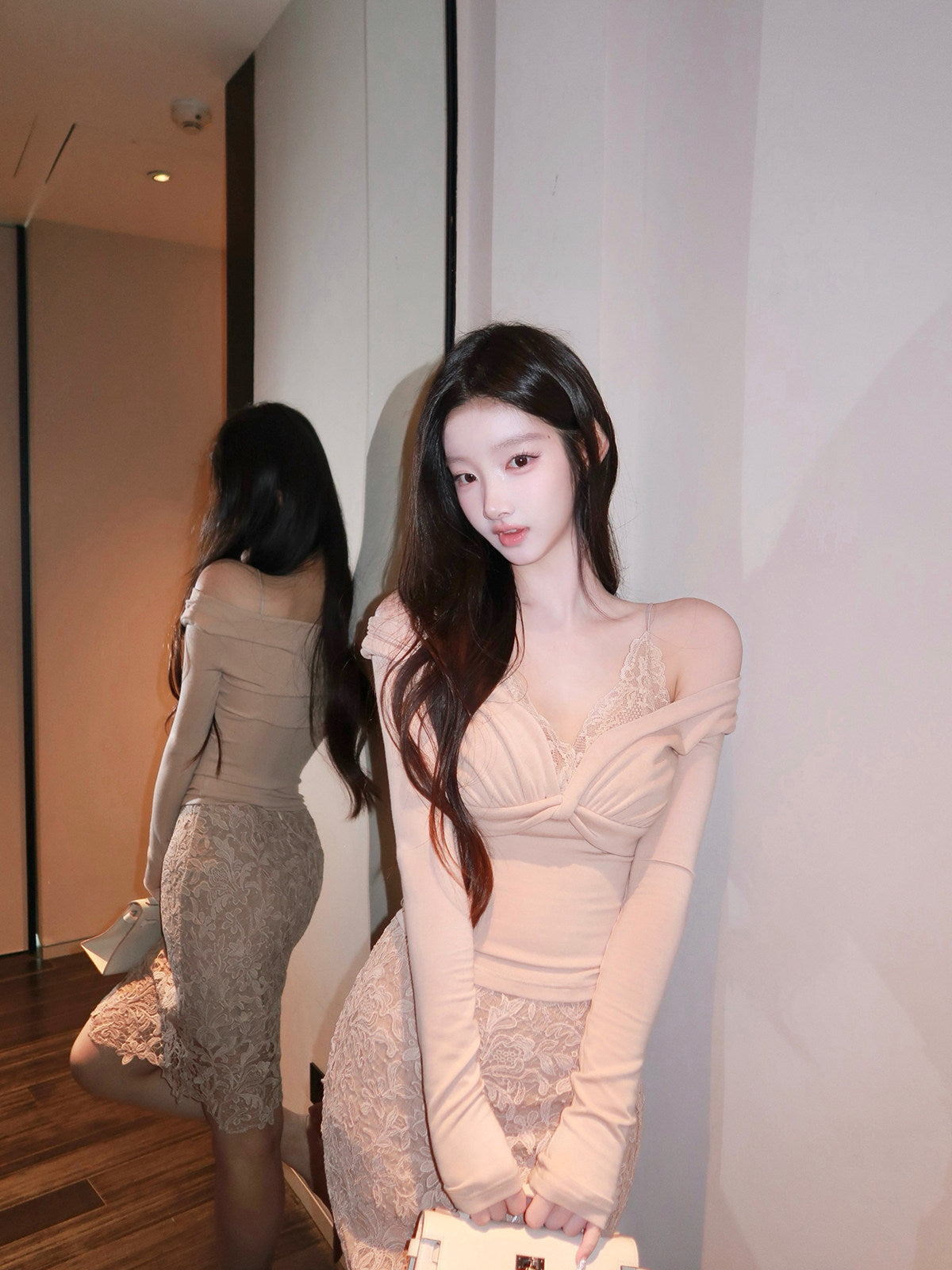 Lace Bodycon Skirt Two-Piece Set with Faux Top Layer