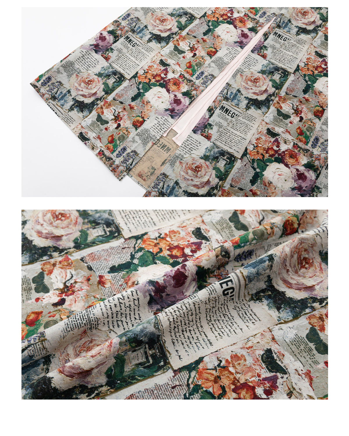 Vintage Newspaper & Floral Print Pearlescent Pink Spaghetti Strap Maxi Dress with Shawl