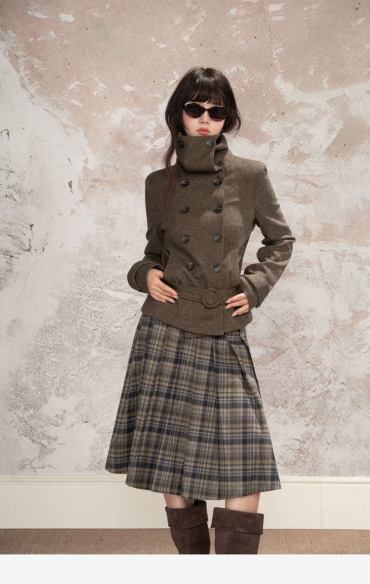 Double-Breasted Wide Lapel Wool Blend Short Coat