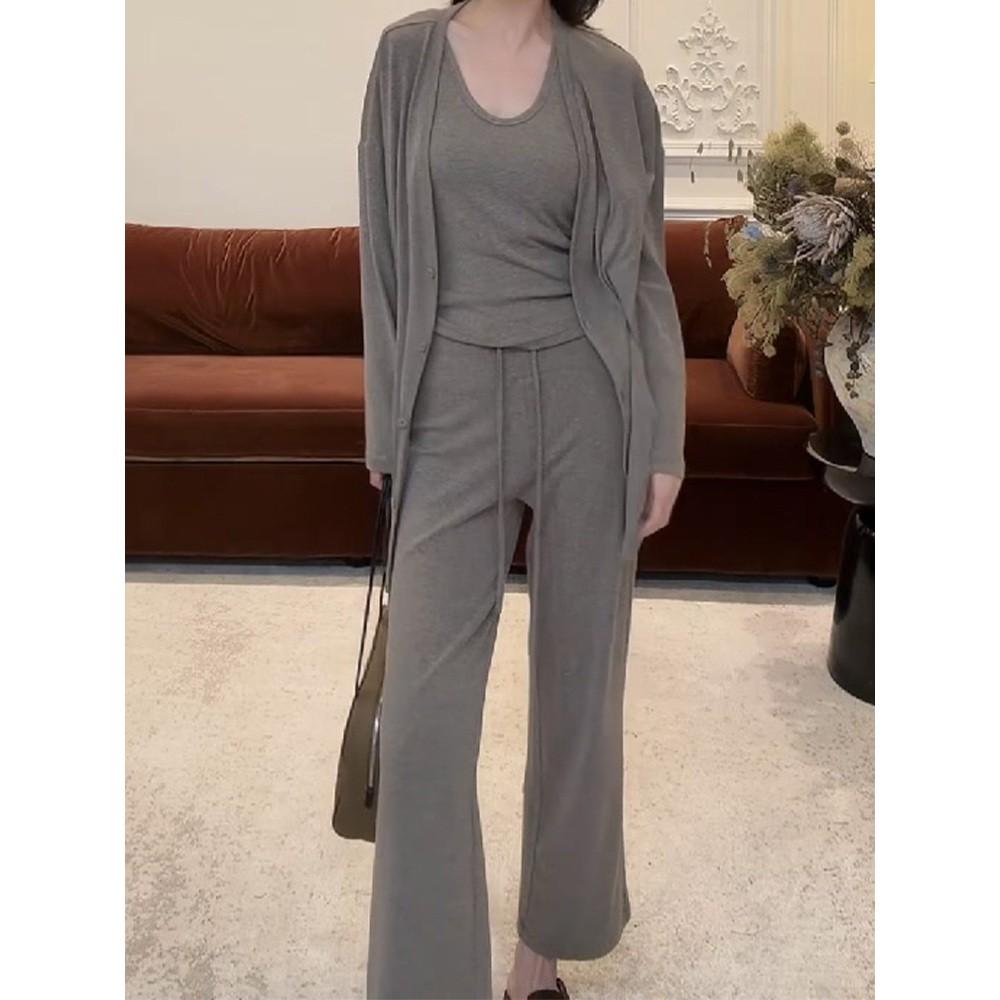 Women's Relaxed Three-Piece Set with Long-Sleeve Cardigan, Tank Top & Wide-Leg Pants