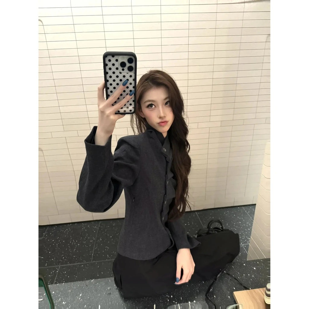 3D Pleated Oblique Placket Square Shoulder Blazer