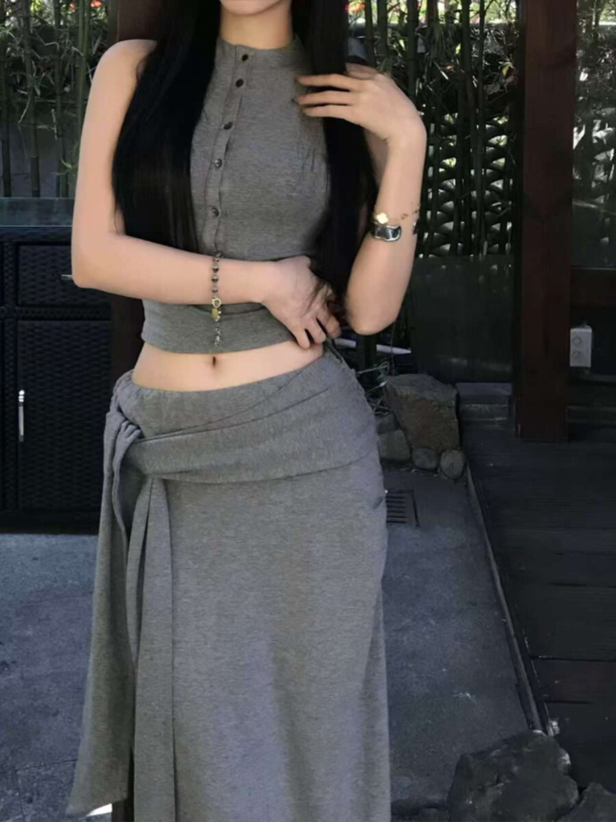 Grey tank top and long bodycon skirt co-ord set