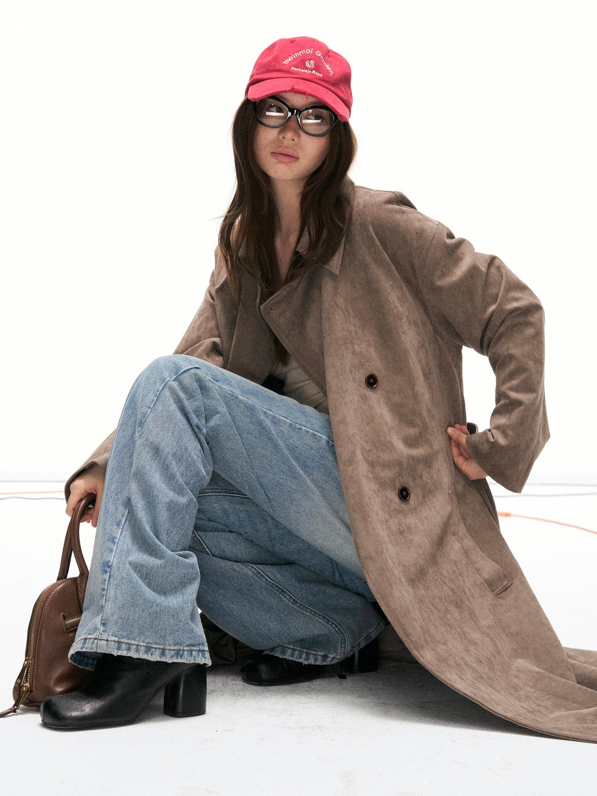 Suede-Effect Belted Double-Breasted Long Trench Coat