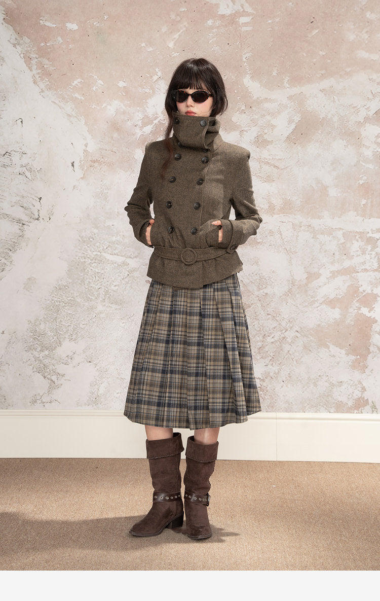 Double-Breasted Wide Lapel Wool Blend Short Coat