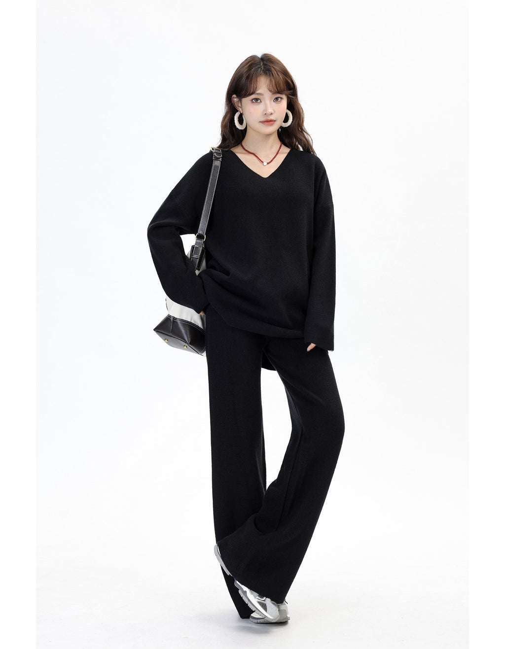 V-Neck Knit Sweater & Wide-Leg Pants Set