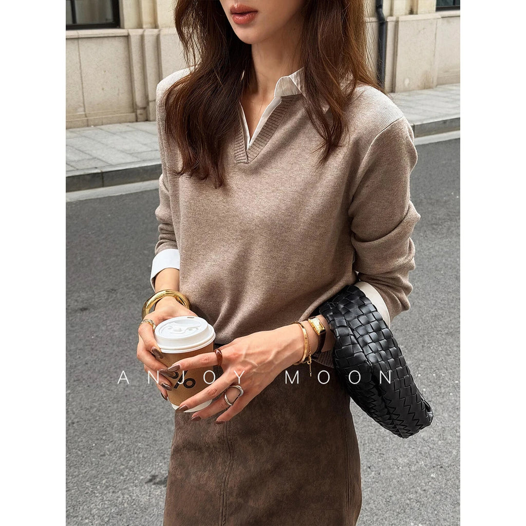 Korean-Style Mock Two-Piece Collared Knit Top for Women