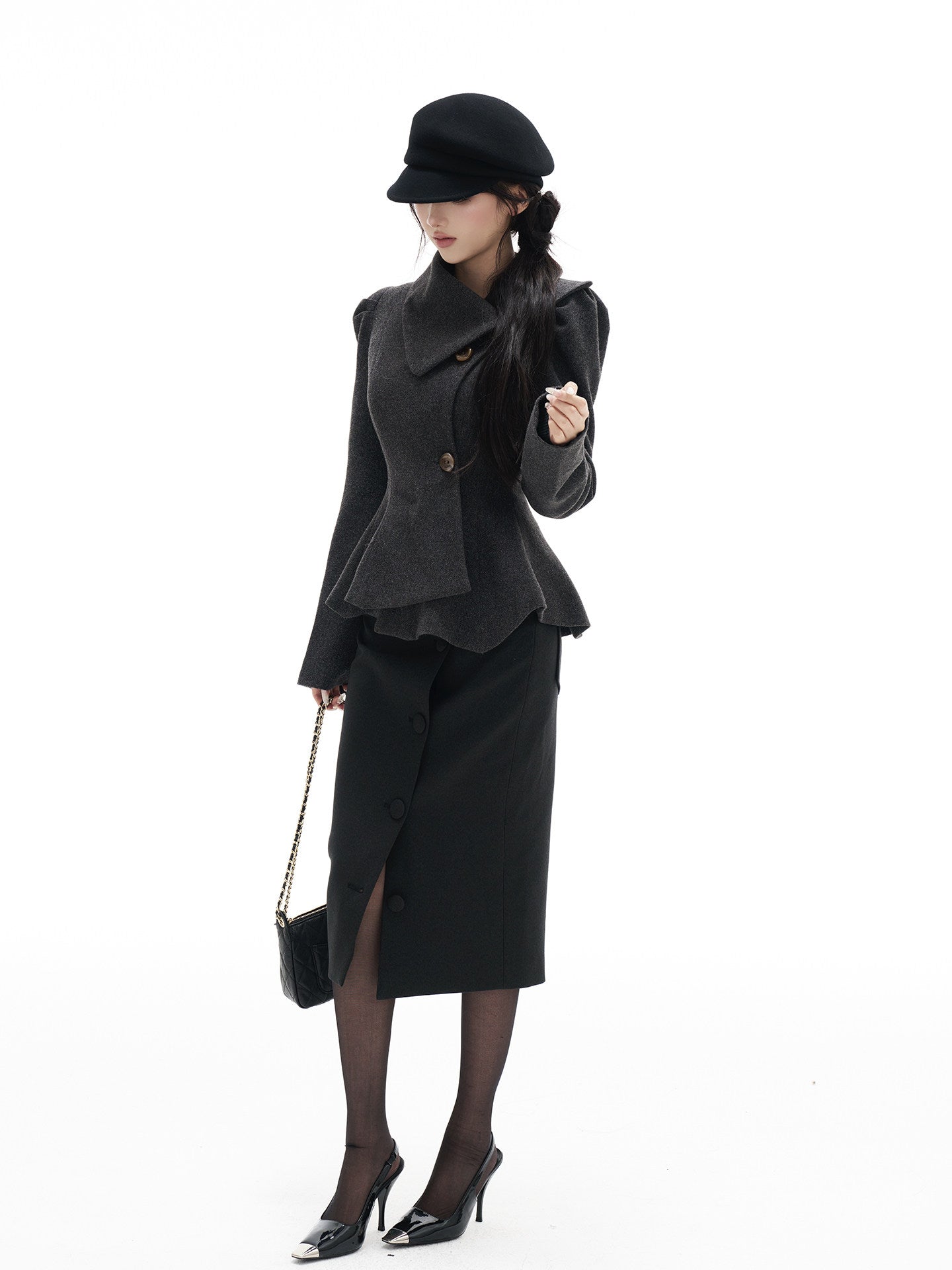 Gray belted short coat with a skirt