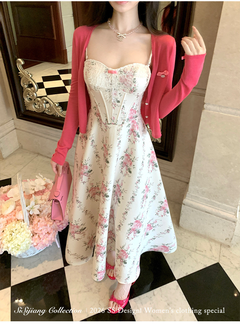 Women’s Floral Spaghetti Strap Dress with Boned Corset Waist