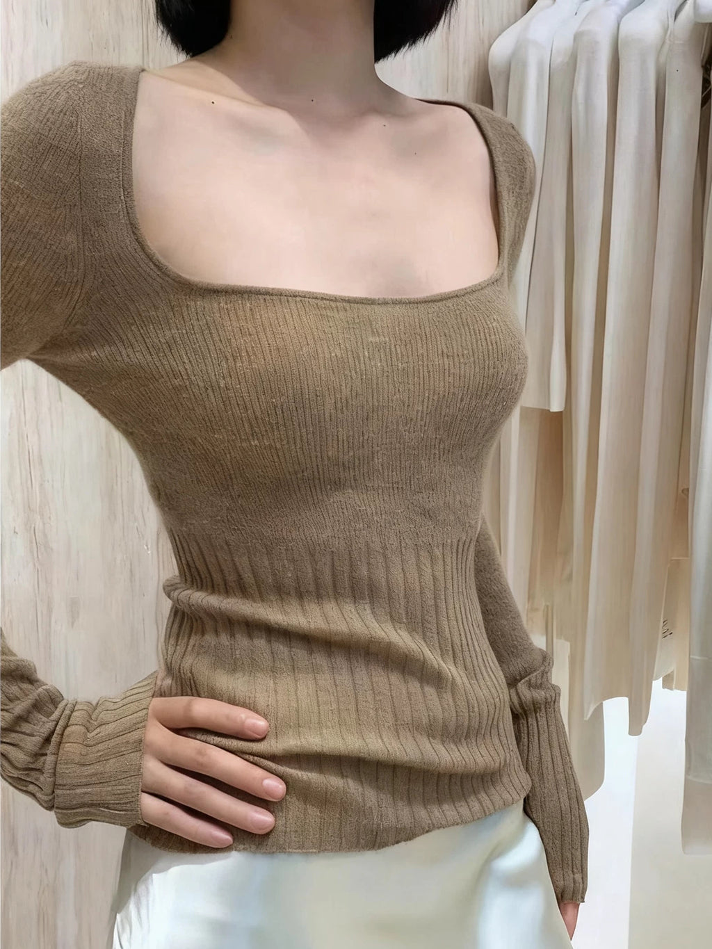 Square-Neck Knit Layering Top