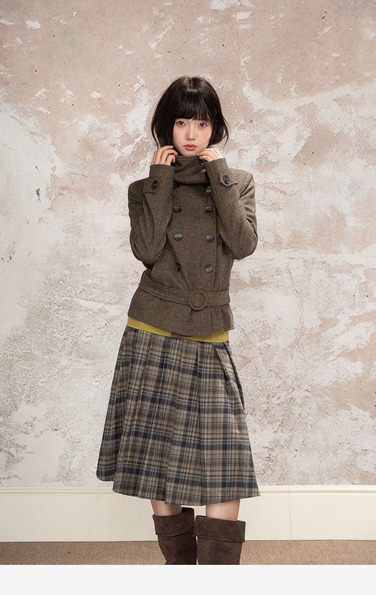 Double-Breasted Wide Lapel Wool Blend Short Coat