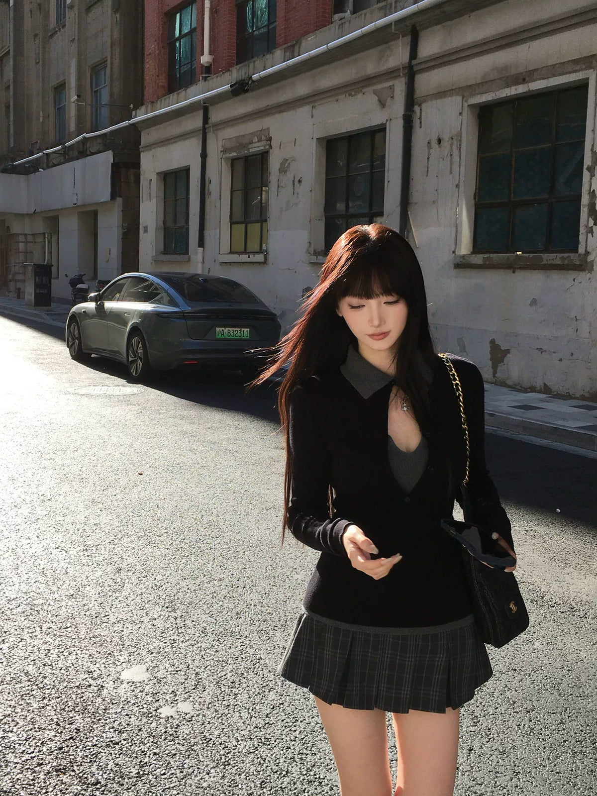 Black Top & Grey Plaid Mini Skirt Two-Piece Set