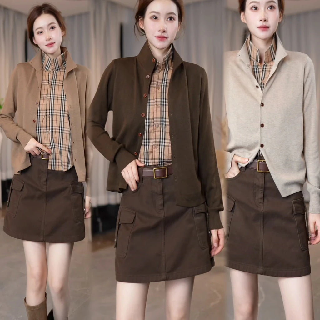 Women's Minimalist Faux Two-Piece Stand-Collar Knit Cardigan