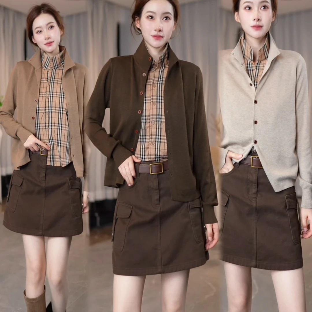 Women's Minimalist Faux Two-Piece Stand-Collar Knit Cardigan