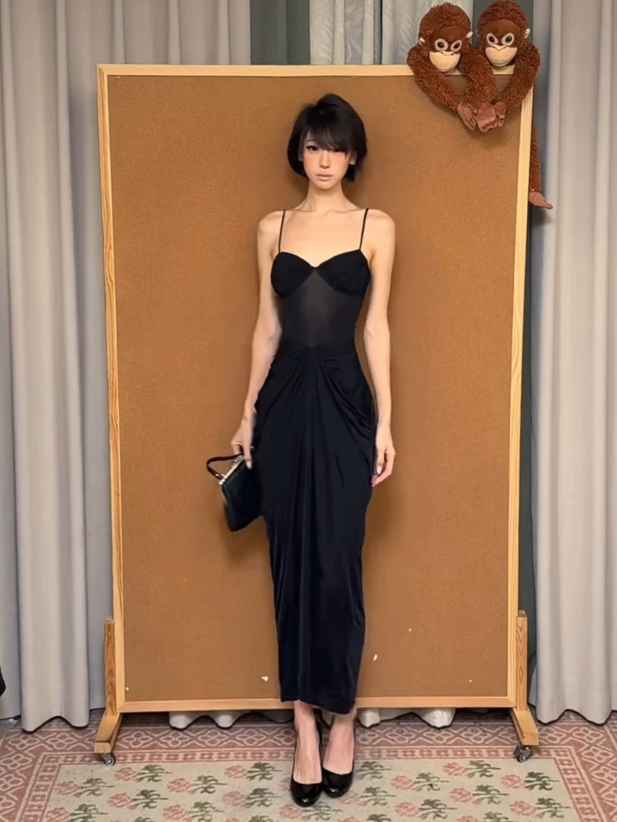 Black Mesh V-Neck Cami Dress