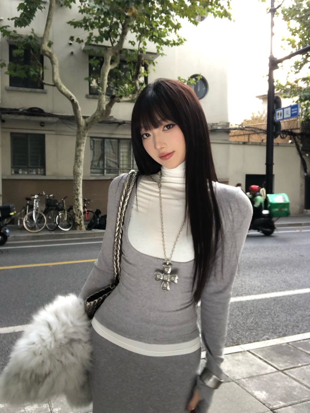 Grey Long-Sleeve Top and Fishtail Skirt Two-Piece Set