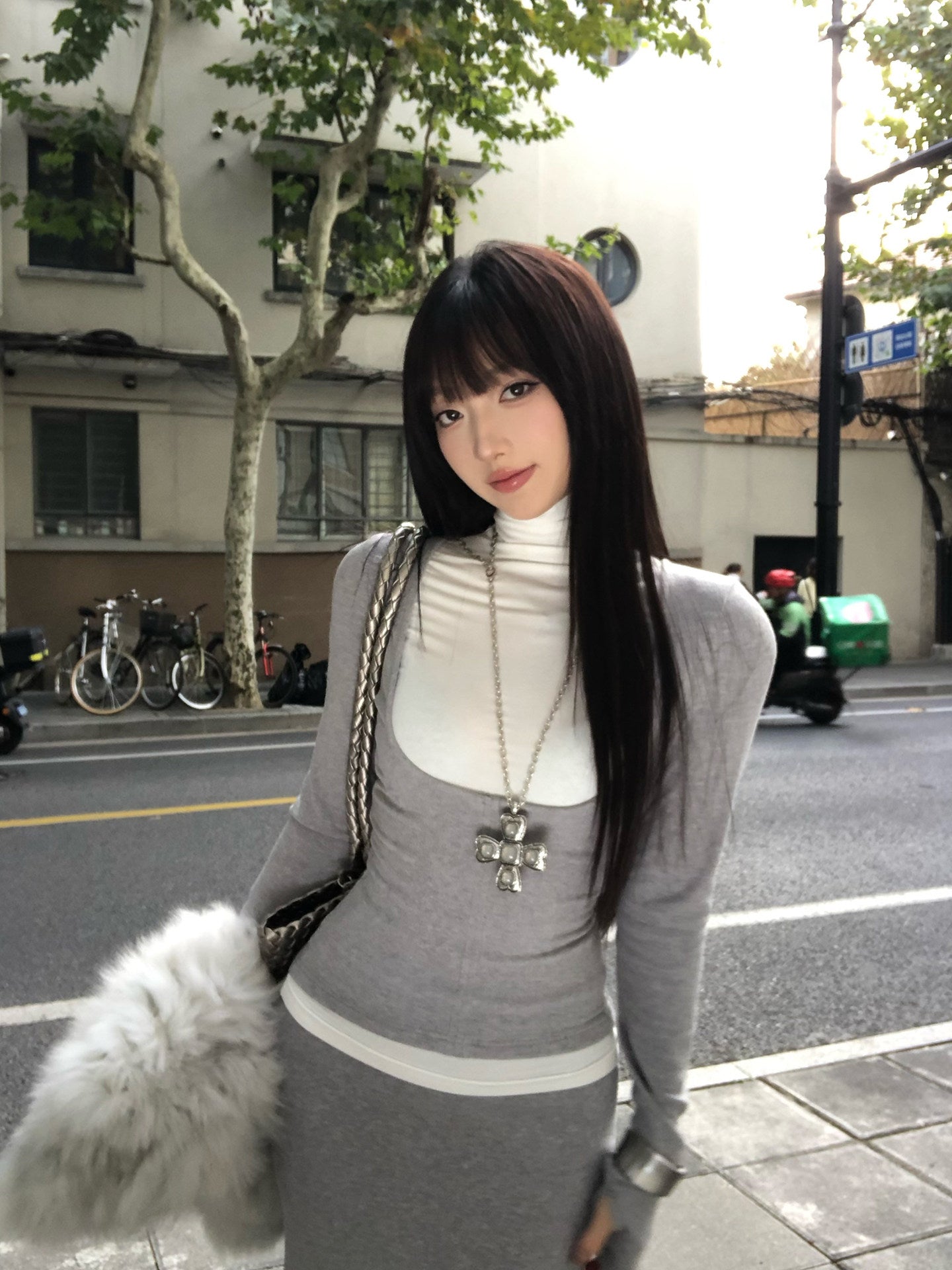 Grey Long-Sleeve Top and Fishtail Skirt Two-Piece Set