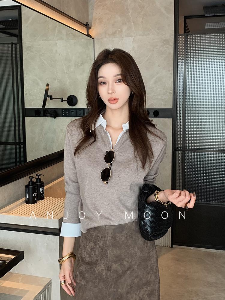 Korean-Style Mock Two-Piece Collared Knit Top for Women