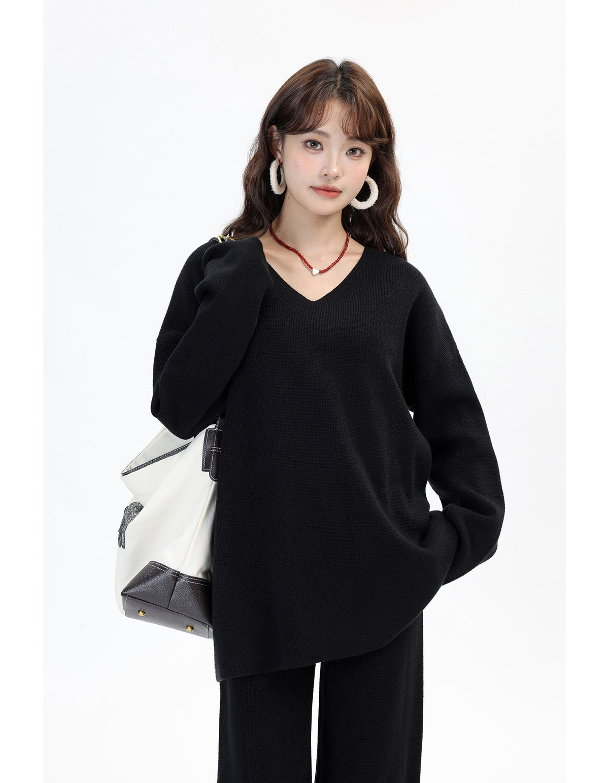 V-Neck Knit Sweater & Wide-Leg Pants Set