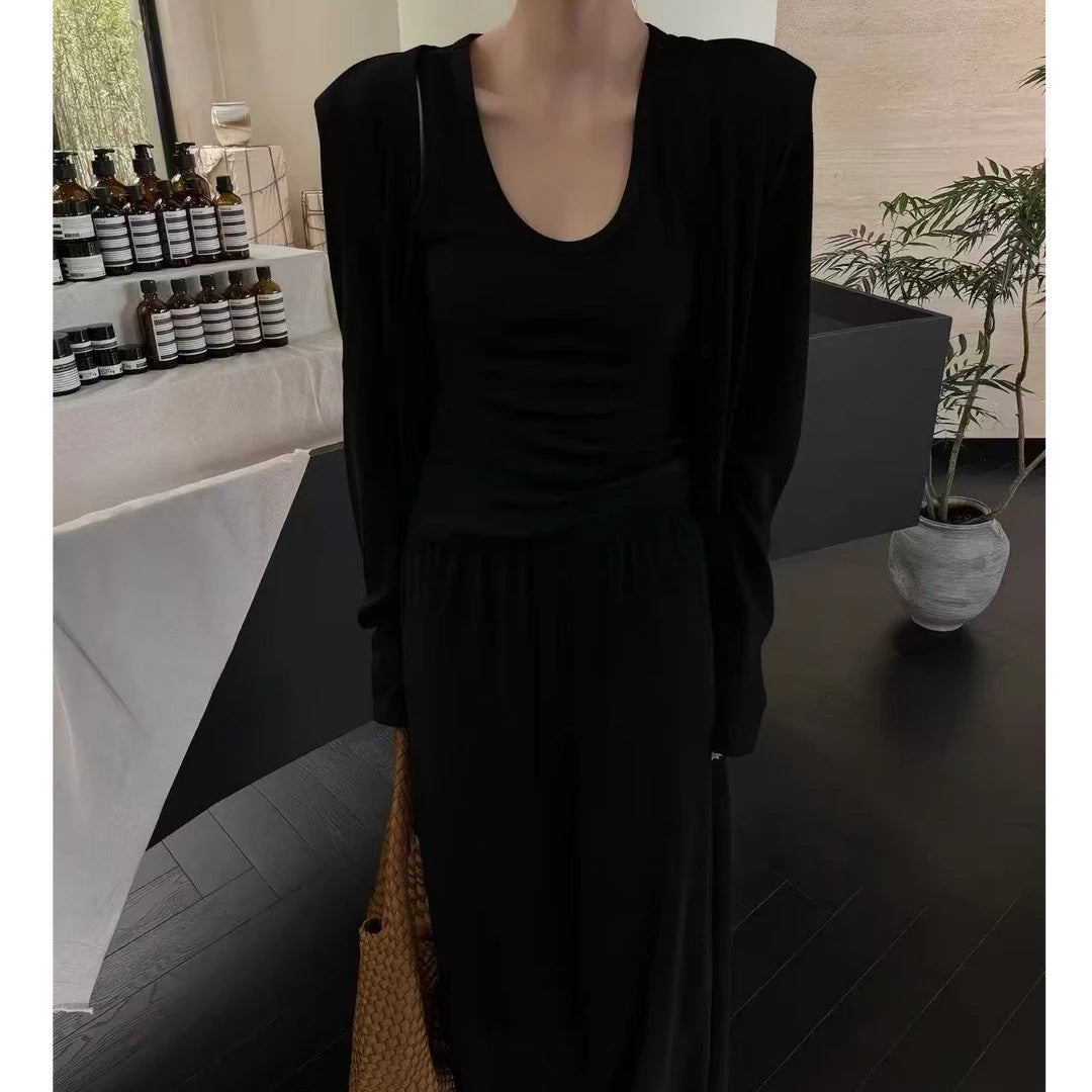 Women's Minimalist Solid Three-Piece Set with Longline Cardigan, Tank Top & Straight-Leg Pants