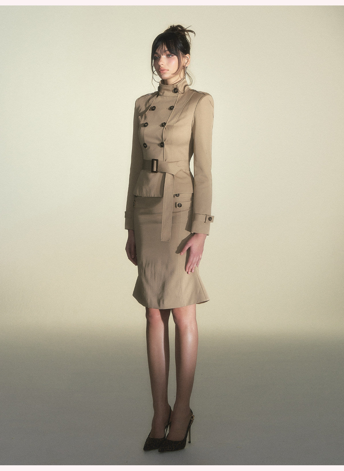 Square-Shoulder Double-Breasted Belted Trench Coat & Bodycon Fishtail Midi Skirt Set