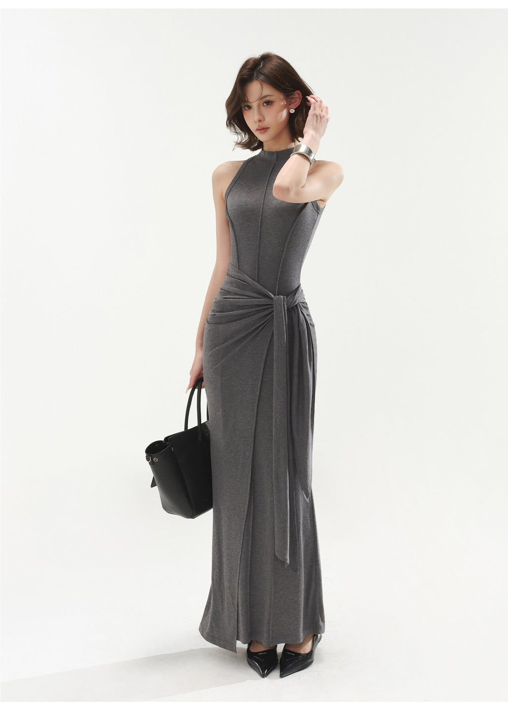 Premium Grey Sleeveless Belted Dress