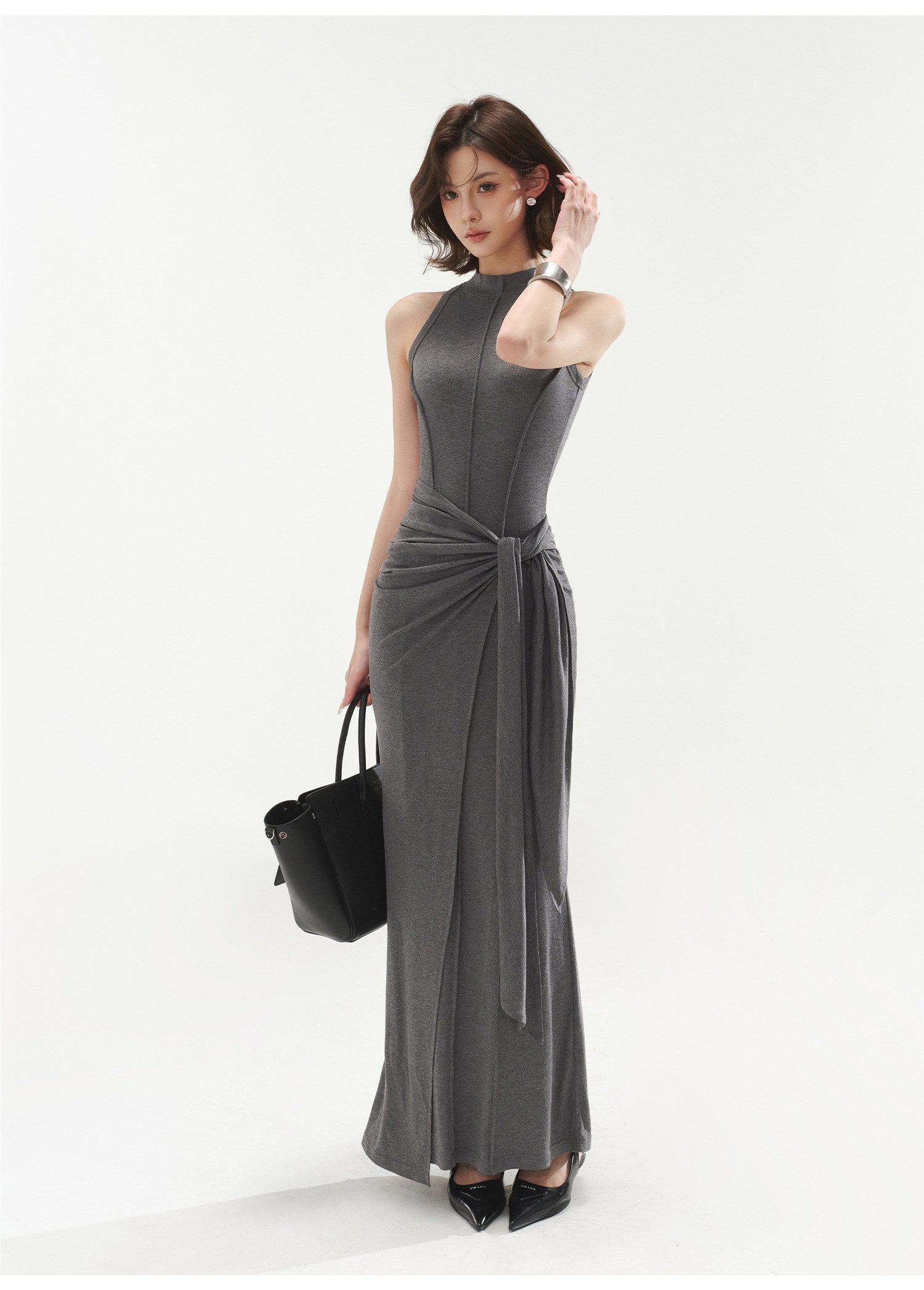 Premium Grey Sleeveless Belted Dress