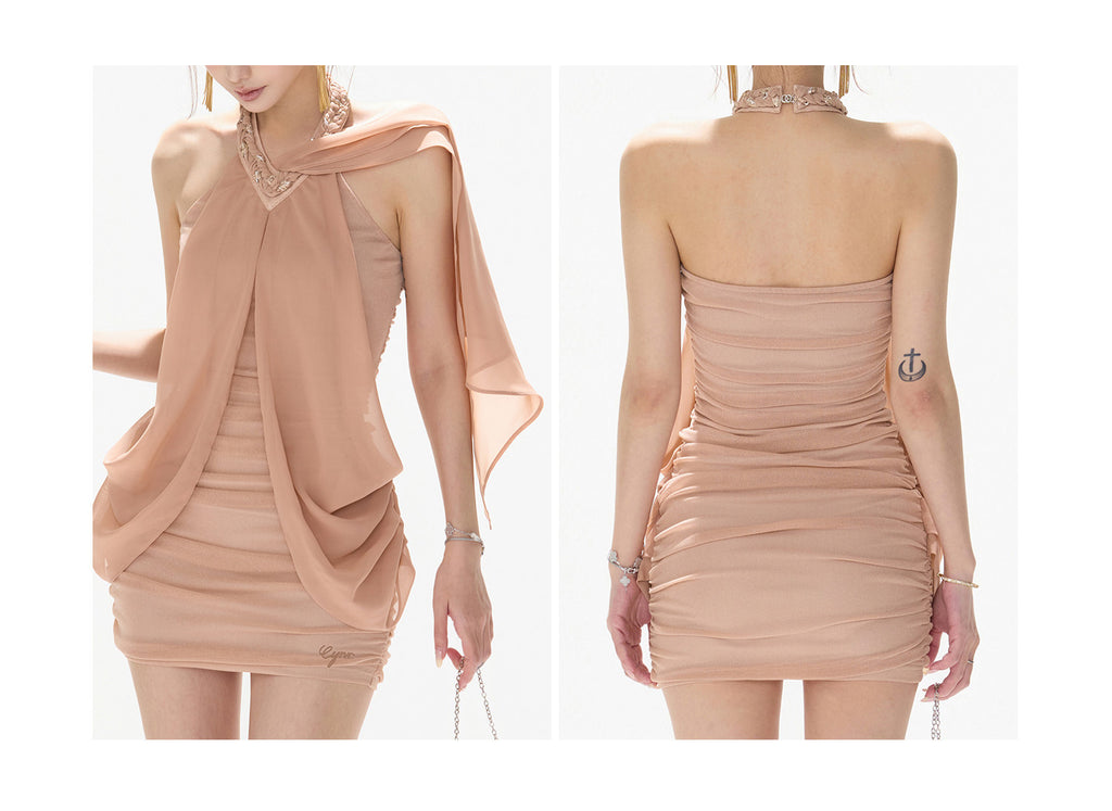 Mesh Chiffon Halter Neck Dress