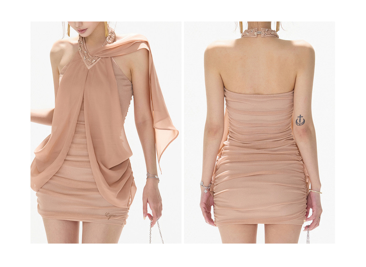 Mesh Chiffon Halter Neck Dress