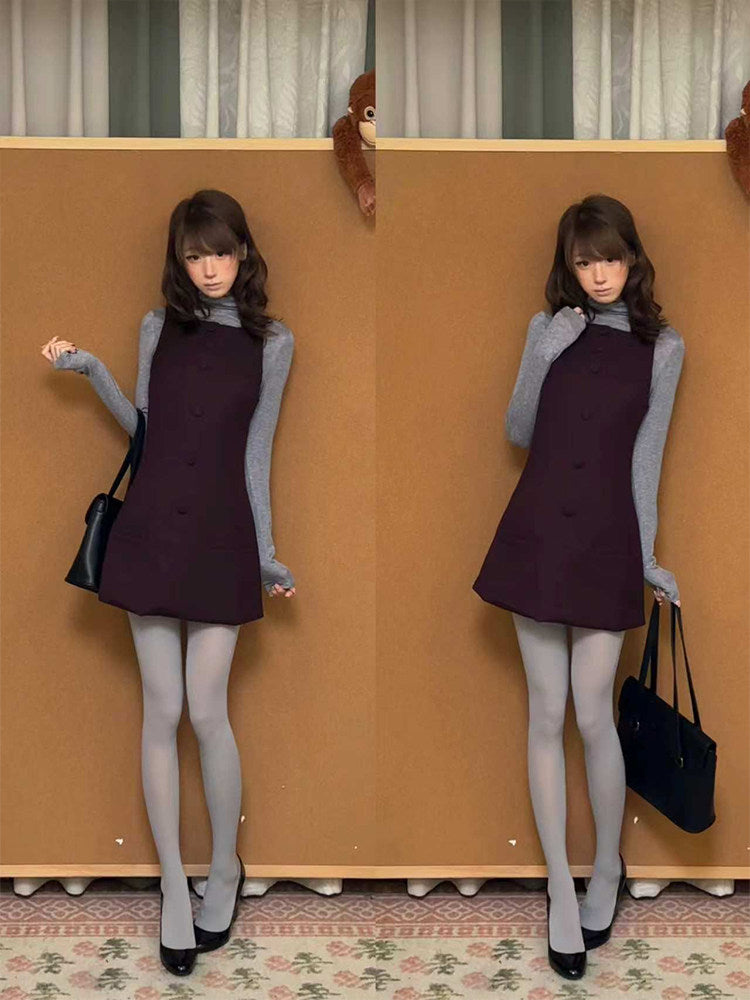 Women's Turtleneck Long Sleeve Top & Vest Dress Two-Piece Set