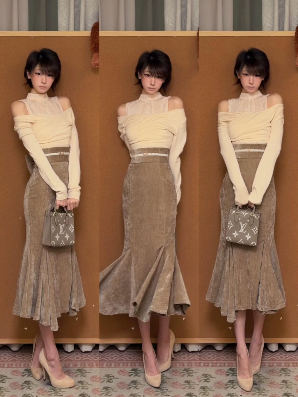Women's Korean-Style Faux Two-Piece Knit Sweater & Fitted Mermaid Maxi Skirt Set