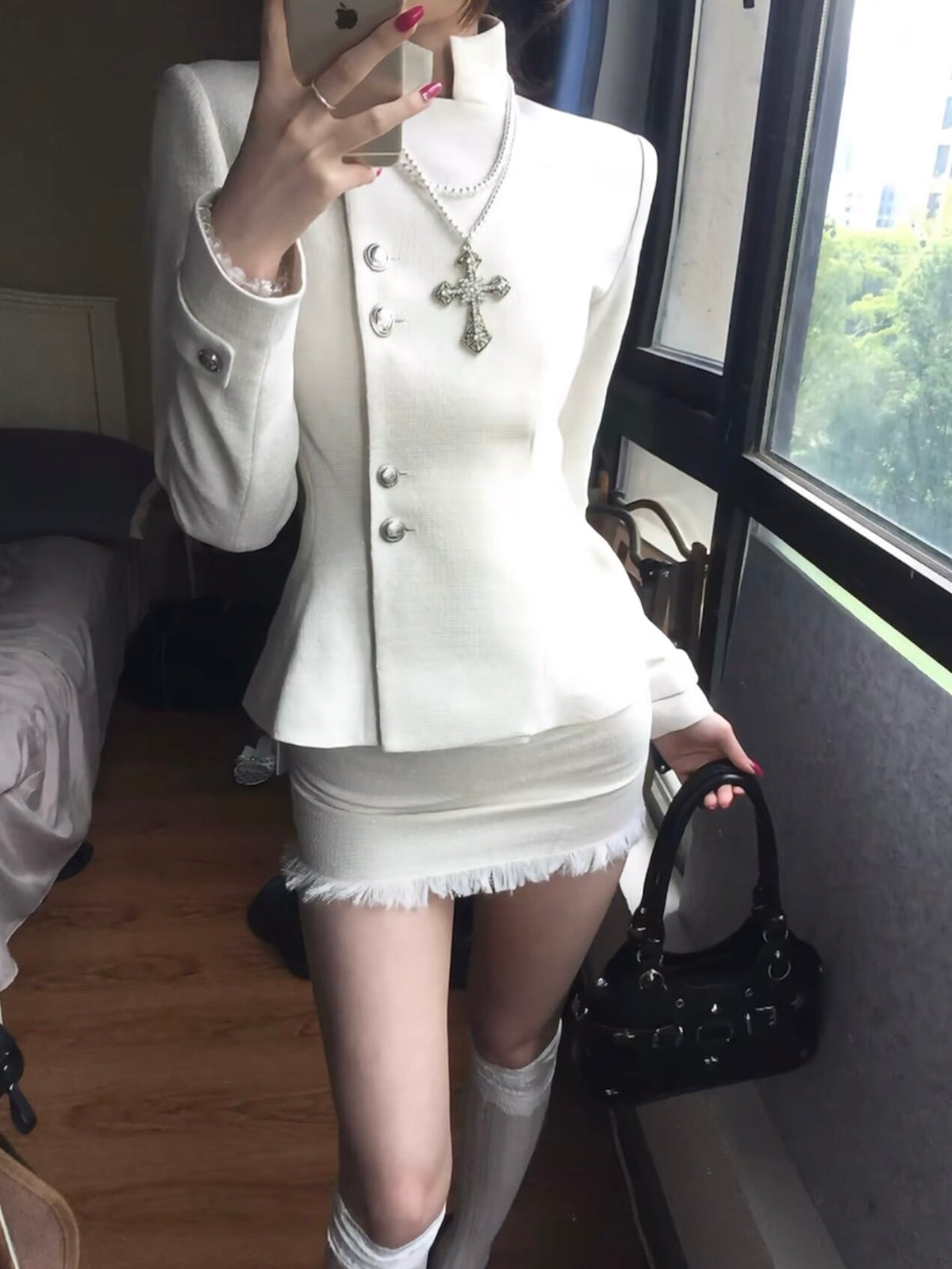 Elegant Fitted Jacket+ Low Rise Fringe Skirt Set for Women