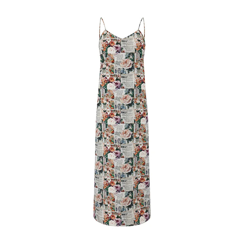 Vintage Newspaper & Floral Print Pearlescent Pink Spaghetti Strap Maxi Dress with Shawl