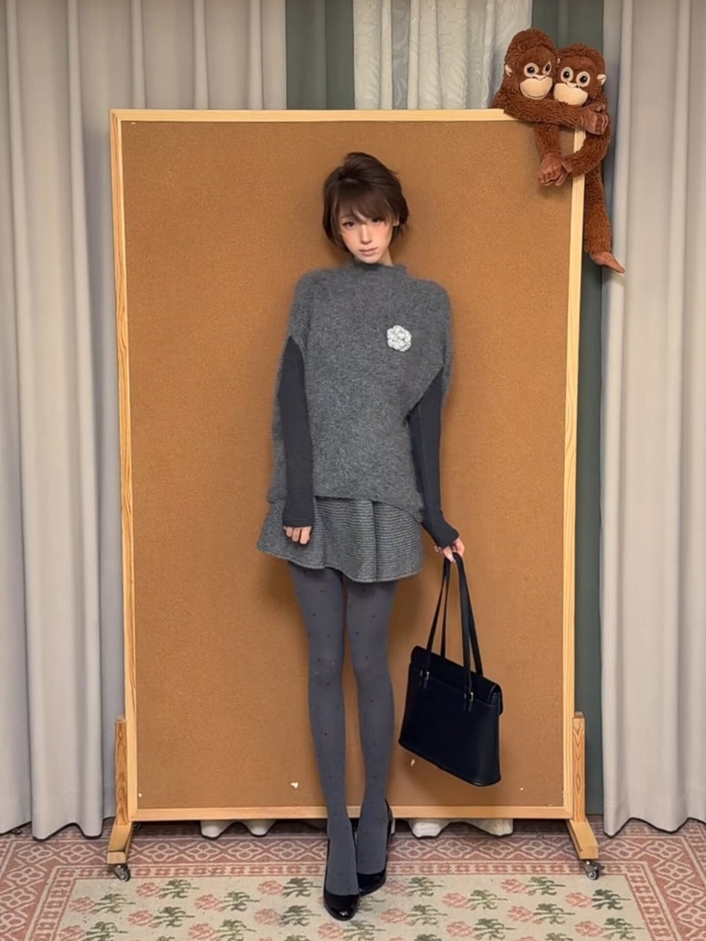 Grey Knit Cape Coat Inner Top & Skirt Three-Piece Set