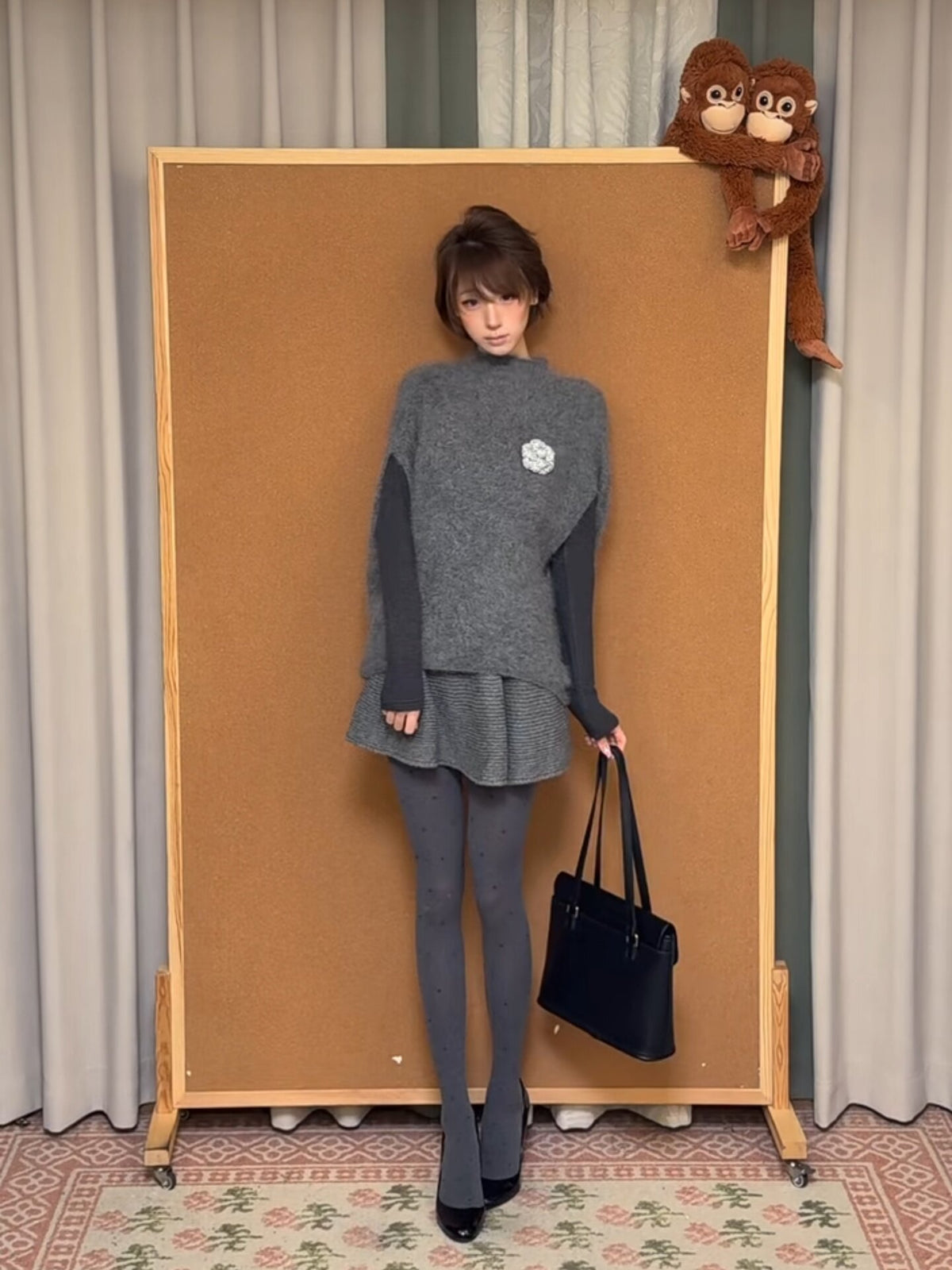 Grey Knit Cape Coat Inner Top & Skirt Three-Piece Set