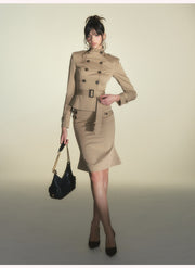 Square-Shoulder Double-Breasted Belted Trench Coat & Bodycon Fishtail Midi Skirt Set