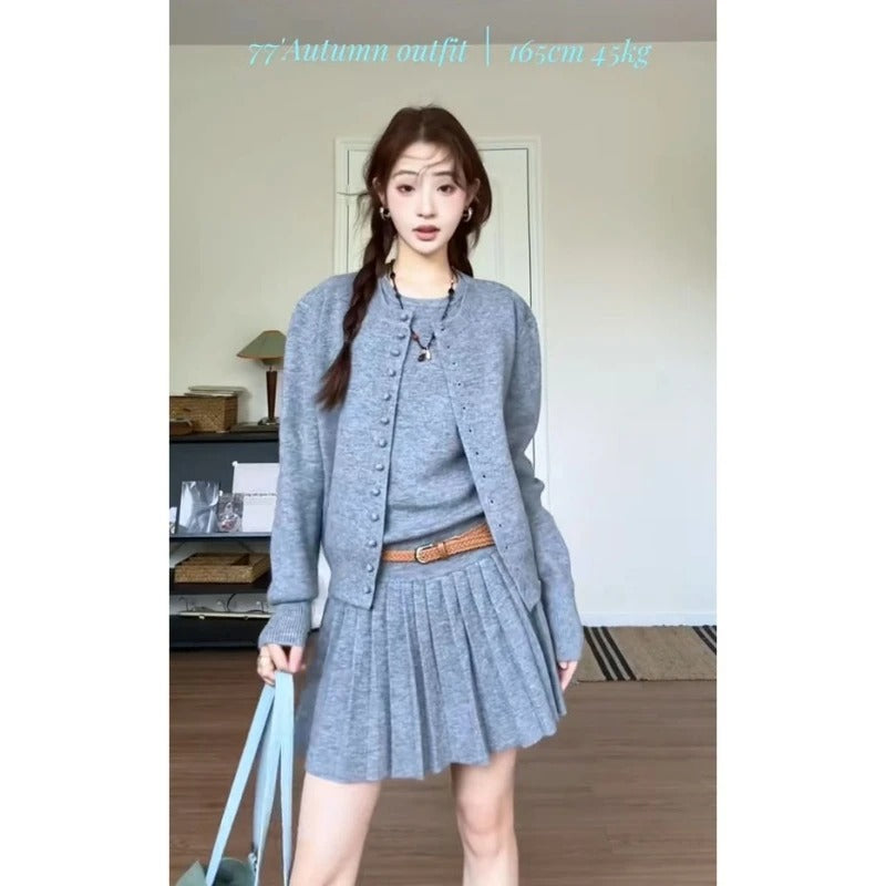 Women’s 3-Piece Knit Cardigan and Pleated Midi Skirt Set