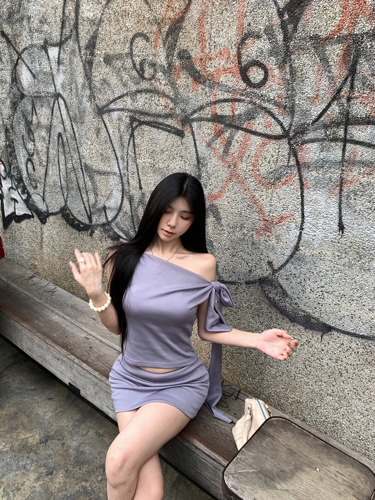 Off-Shoulder Top & Purple Mini Skirt Set