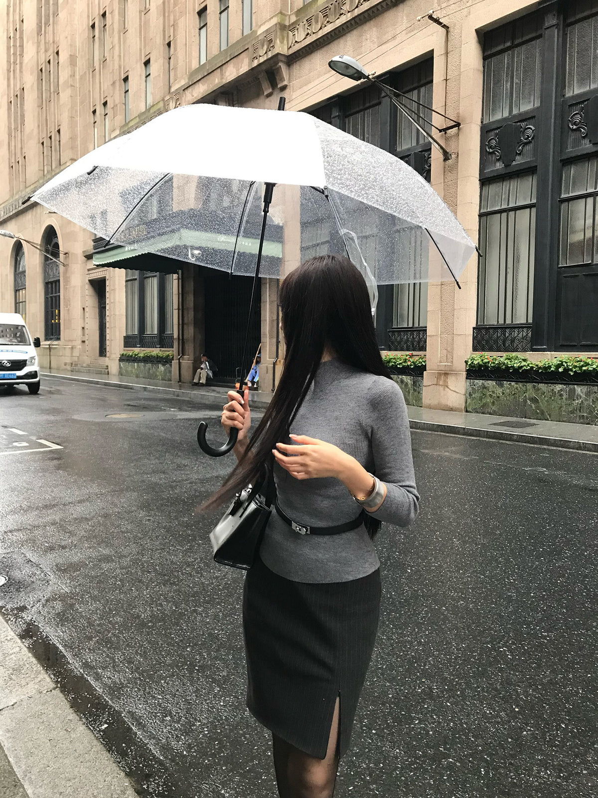 Grey Long Sleeve Sweater + Dark Grey Slit Midi Skirt