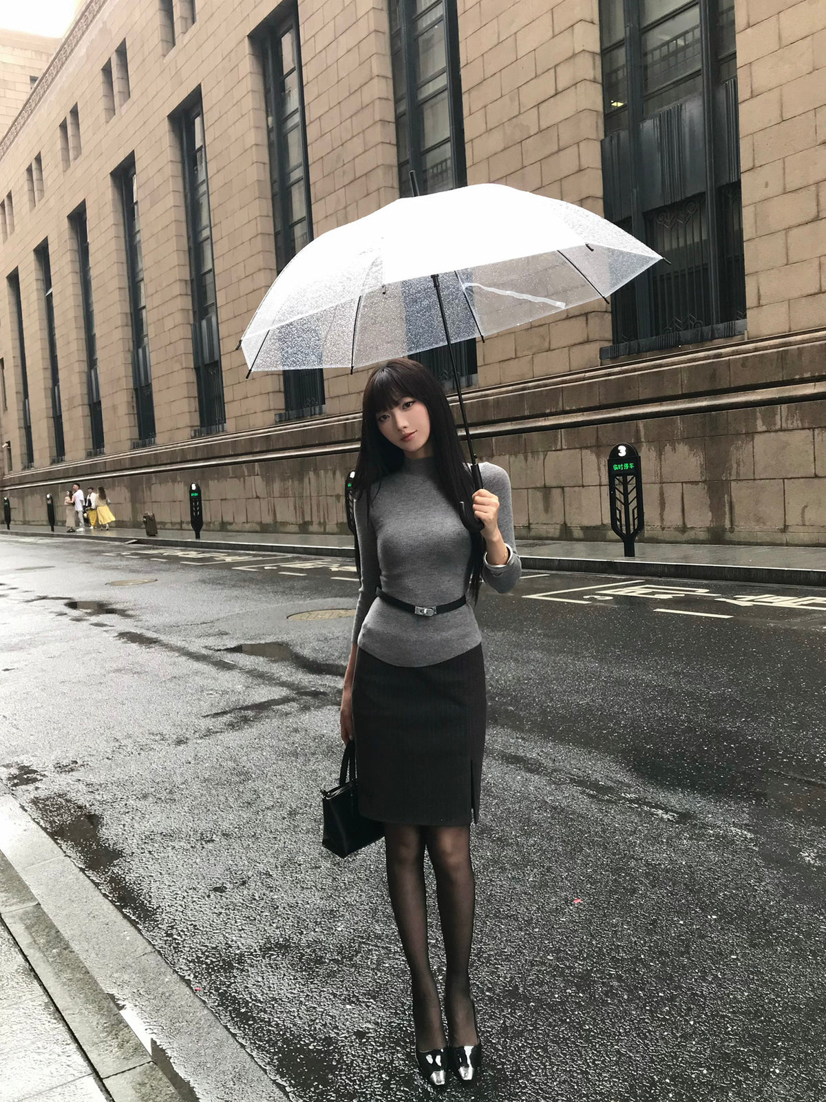Grey Long Sleeve Sweater + Dark Grey Slit Midi Skirt