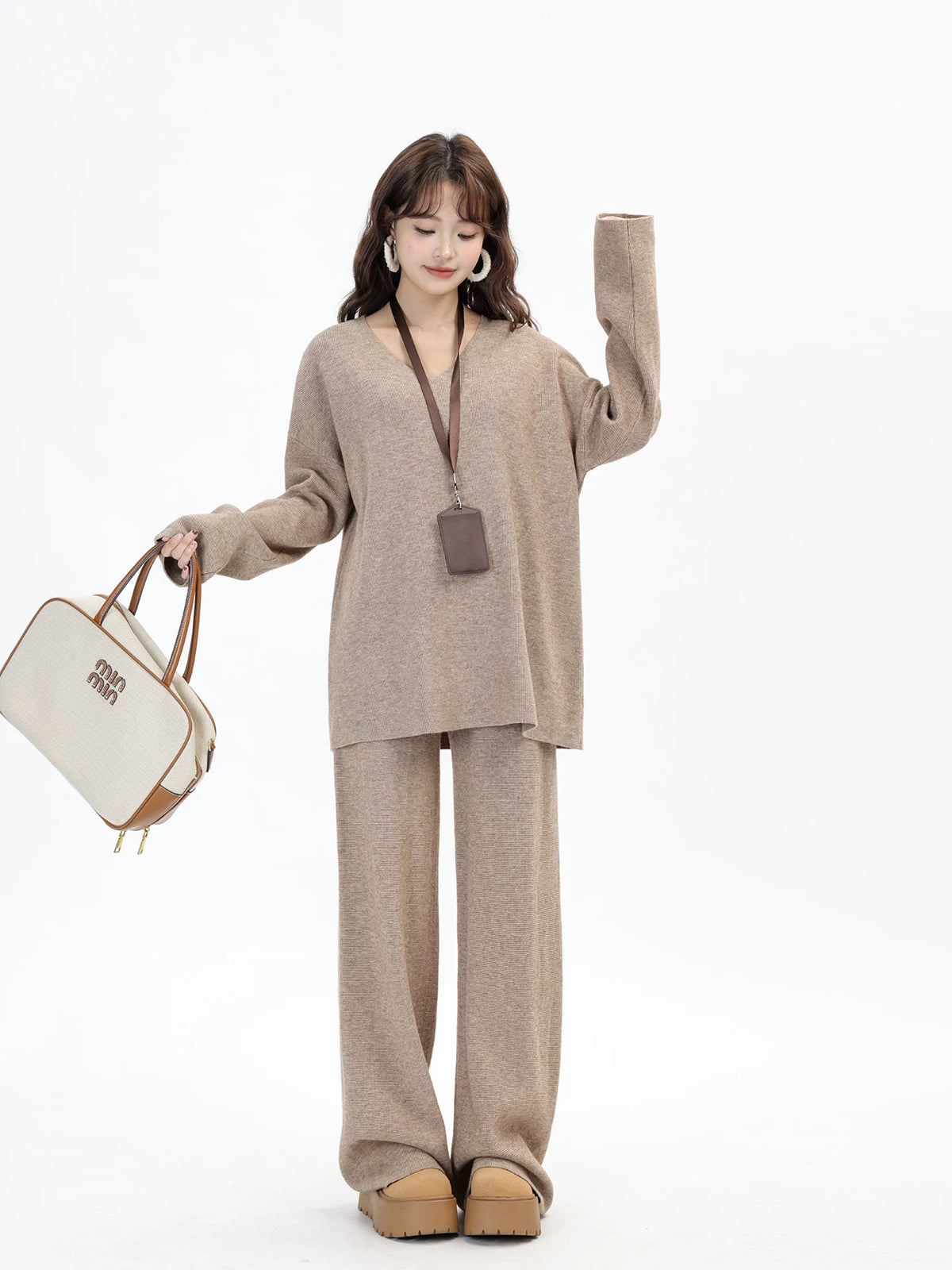 V-Neck Knit Sweater & Wide-Leg Pants Set