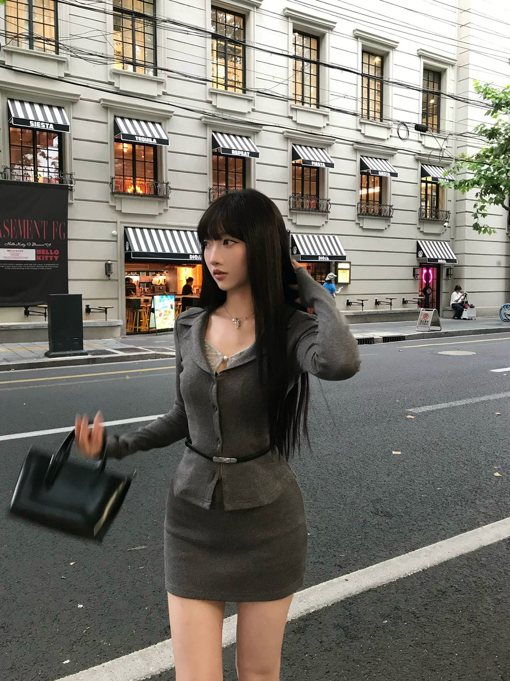 Lace Top & Grey Bodycon Skirt Two-Piece Set