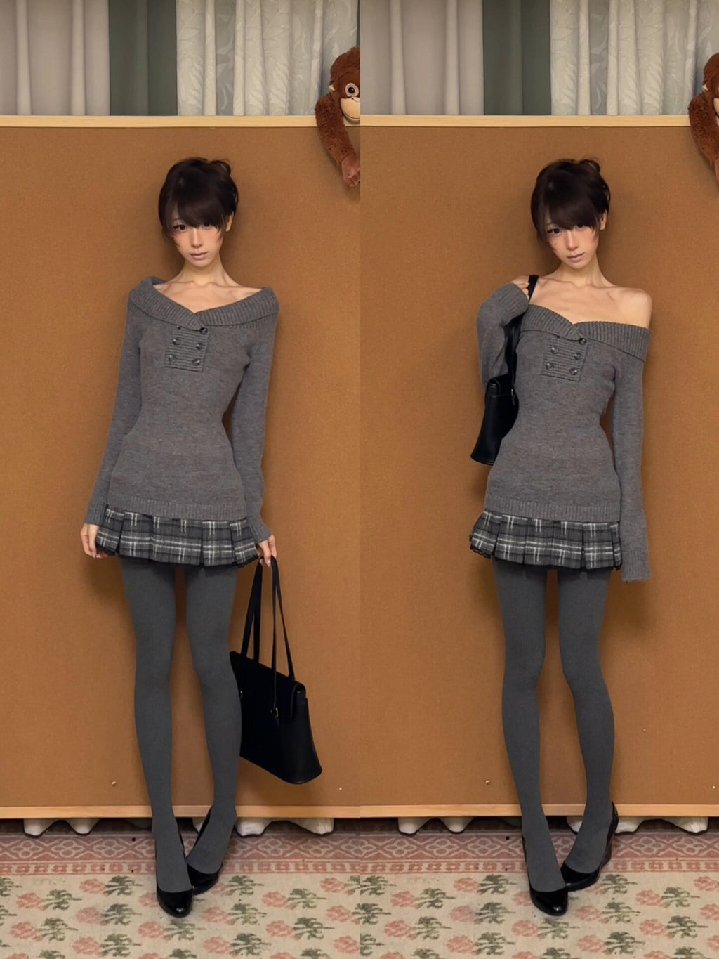 Women’s Gray Off-Shoulder Long-Sleeve Knit Top