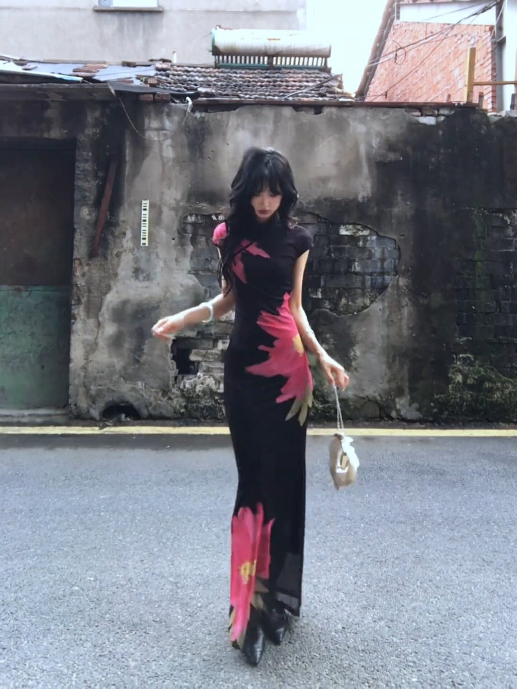 Printed slim-fit cheongsam long dress