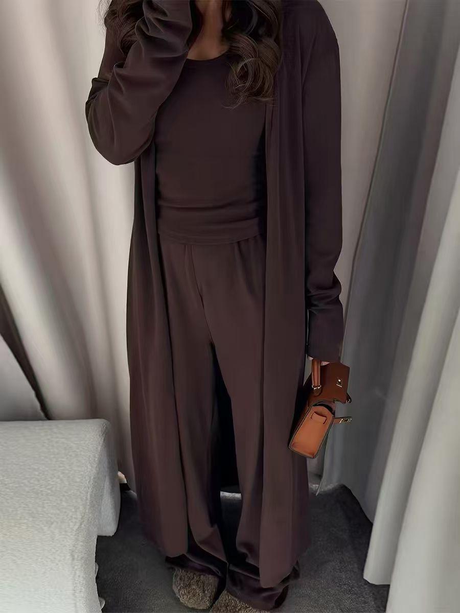 Women's Minimalist Solid Three-Piece Set with Longline Cardigan, Tank Top & Straight-Leg Pants