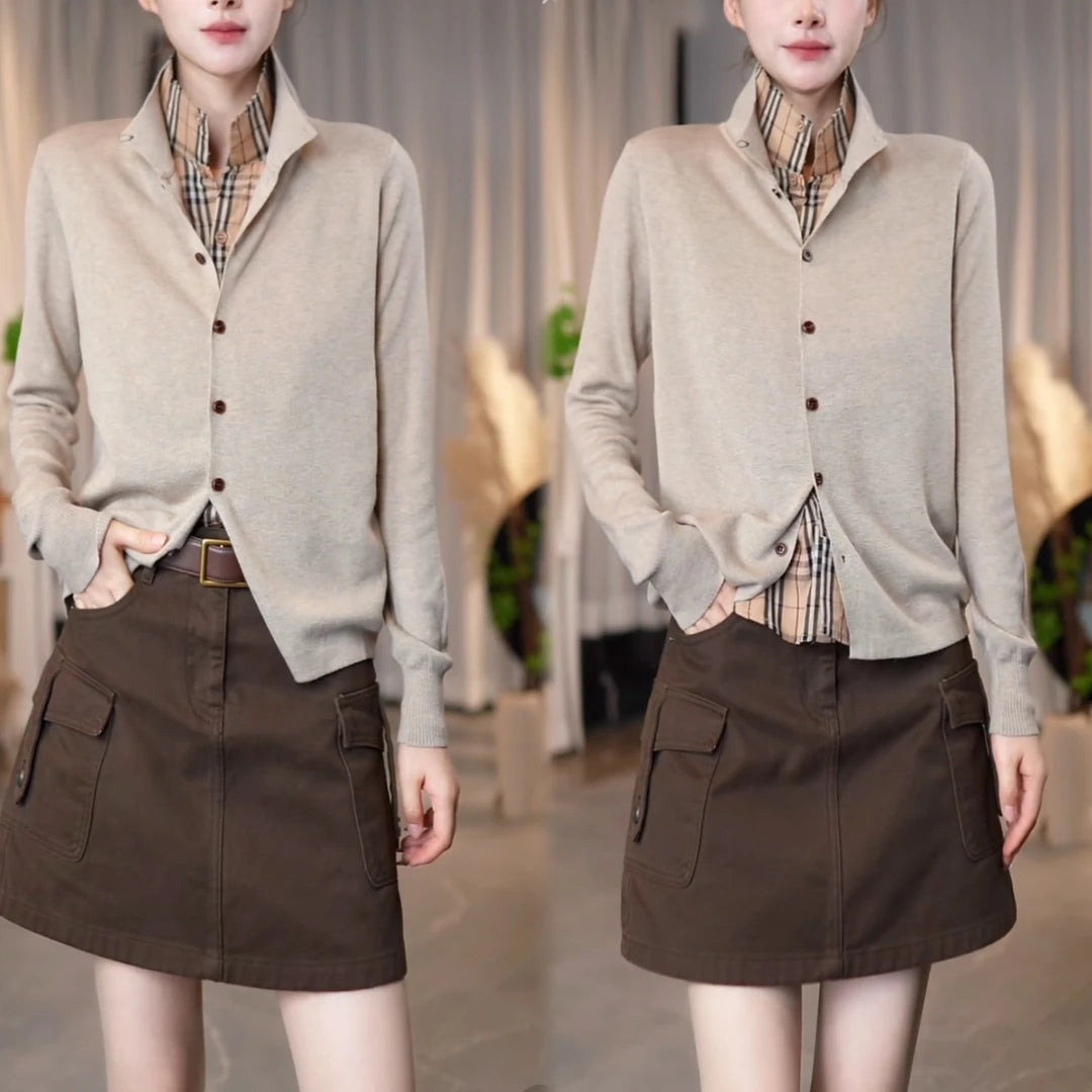 Women's Minimalist Faux Two-Piece Stand-Collar Knit Cardigan