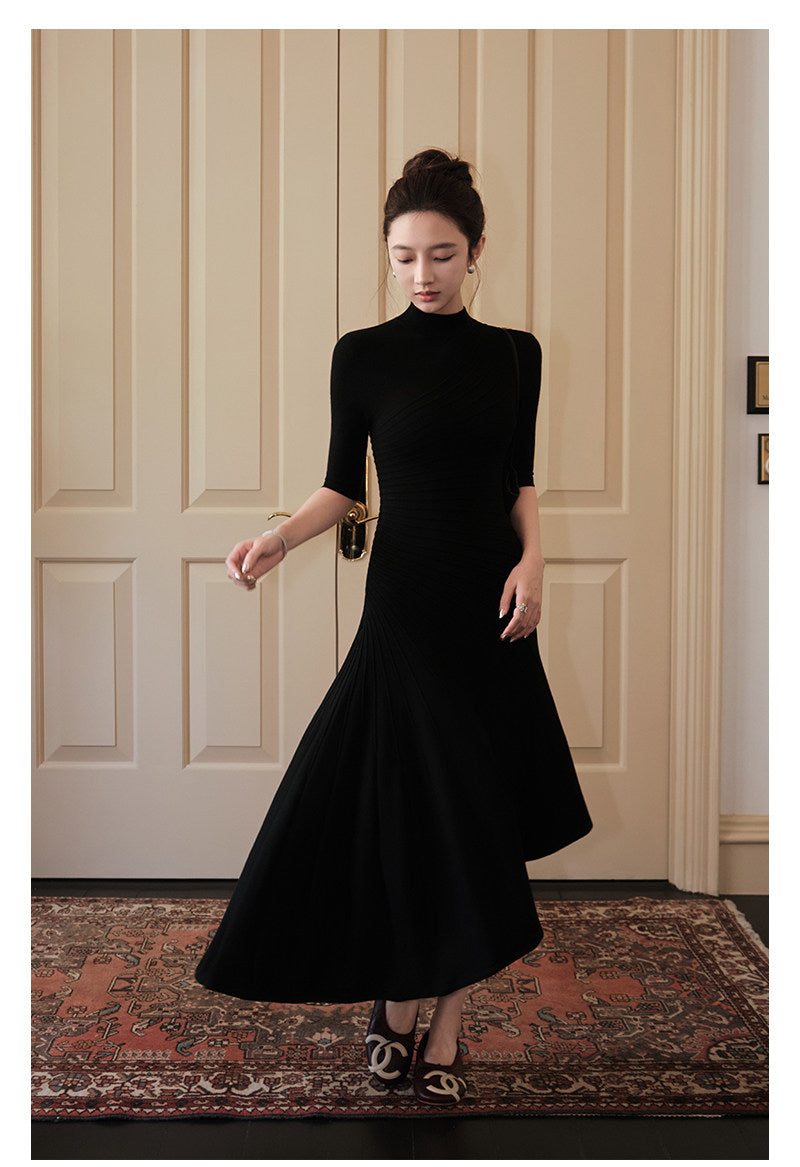 Women's Black Textured Pleated Dress with Stand Collar and Slim Fit