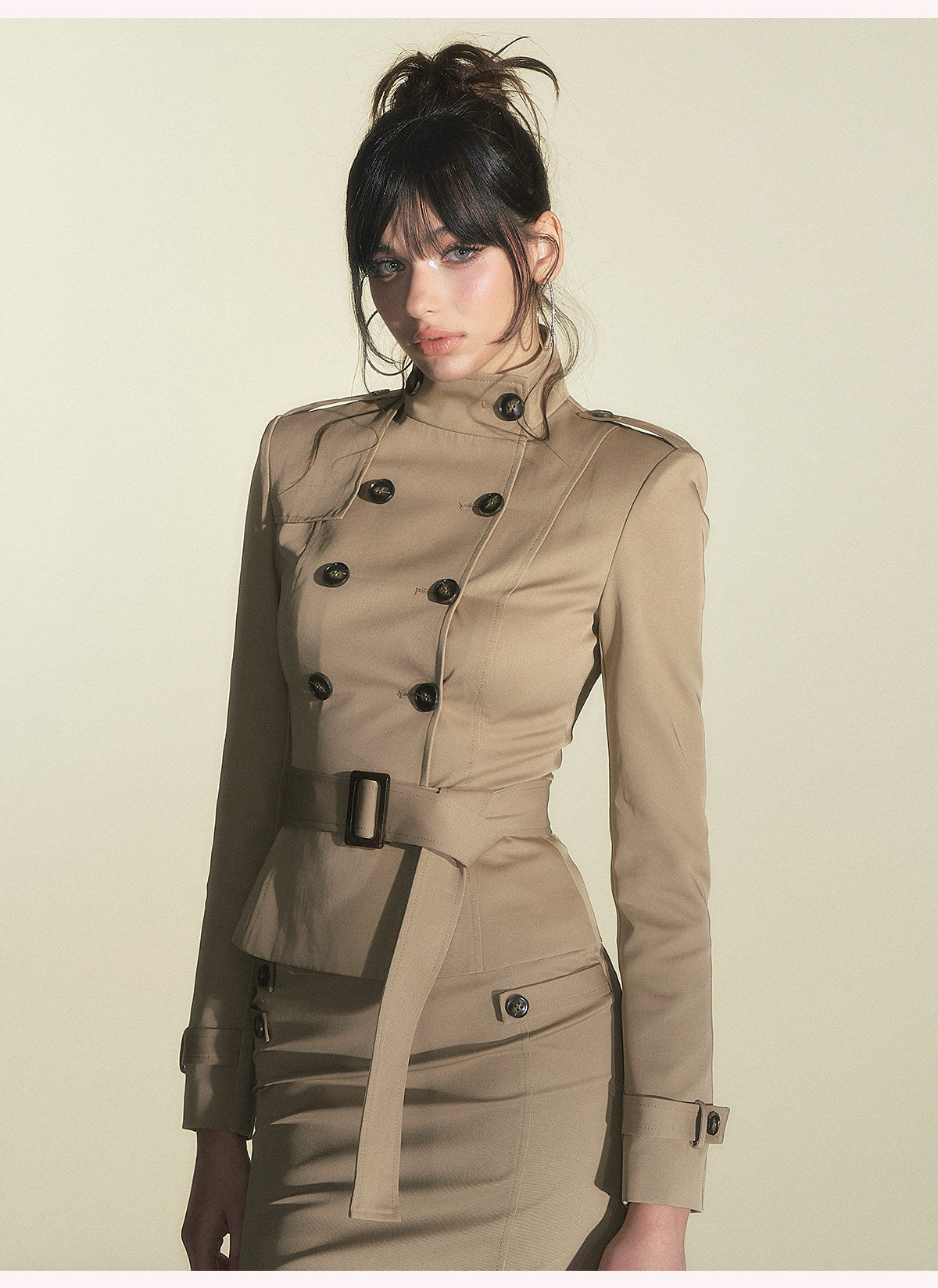 Square-Shoulder Double-Breasted Belted Trench Coat & Bodycon Fishtail Midi Skirt Set