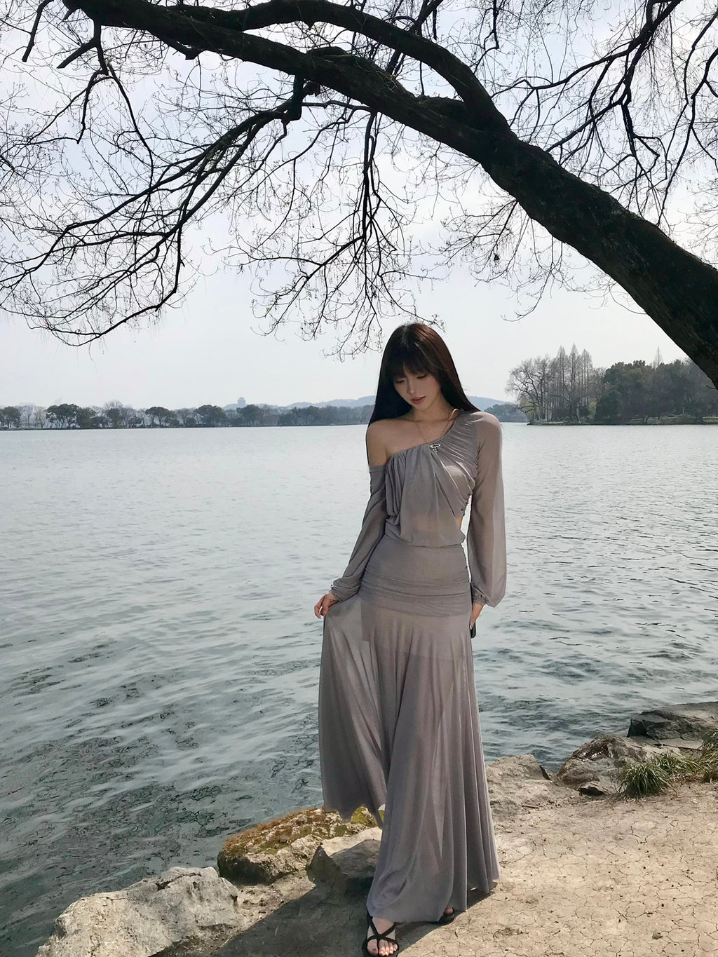 Grey Mesh Top and Skirt Set Women's Two-Piece Outfit
